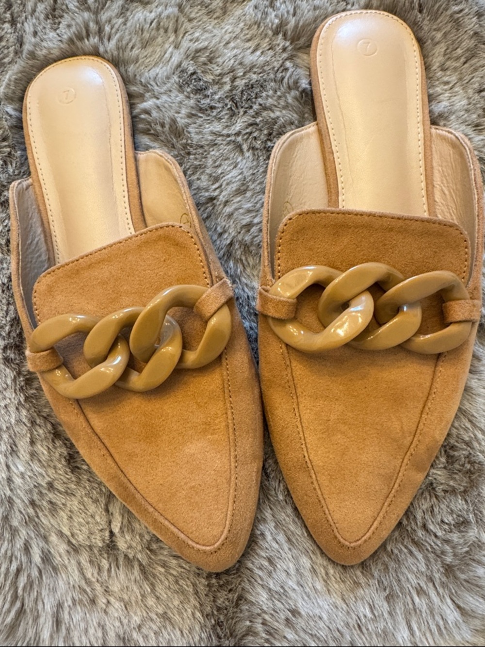Women's Tan Suede Slip-On Loafers with Chain Accent